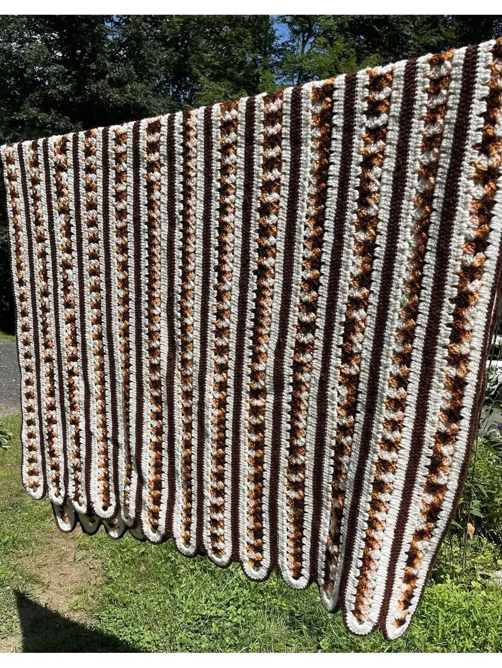 44x78” White Light Dark Brown Scalloped Edge Striped Afghan Neutral Color MCM